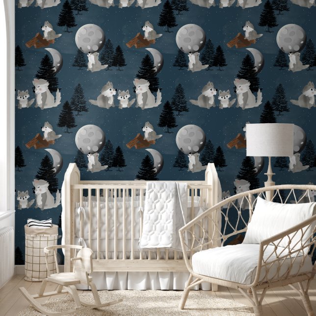 Wolf Pack Woodland Night Sky Moon Baby Nursery Wallpaper (Kids)