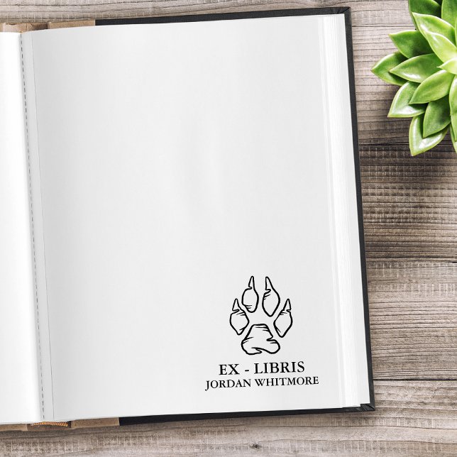 Wolf Paw Print Ex Libris Custom Name Rubber Stamp (Wolf paw print ex-libris custom name)