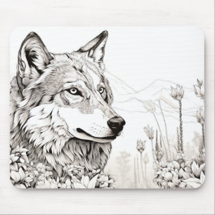 Wolf Peaceful Nature Prairie Sketch Drawing Style Mouse Mat