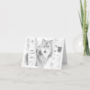 Wolf Peering Through the Birch Trees Card