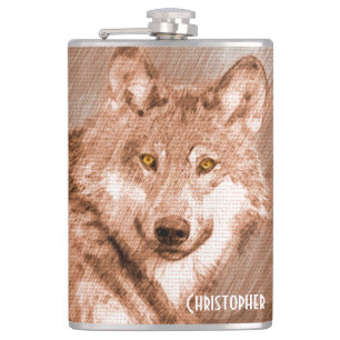 Wolf Pencil Sketch Image Personalise Hip Flask