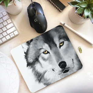 Wolf Portrait Black White Mouse Mat
