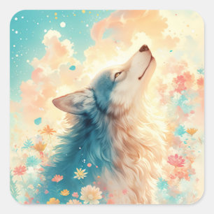 Wolf Portrait in Pastel Wildflower Meadow Square Sticker