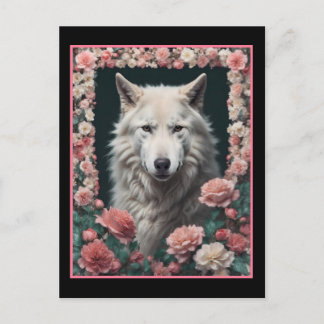 Wolf portrait with flowers postcard
