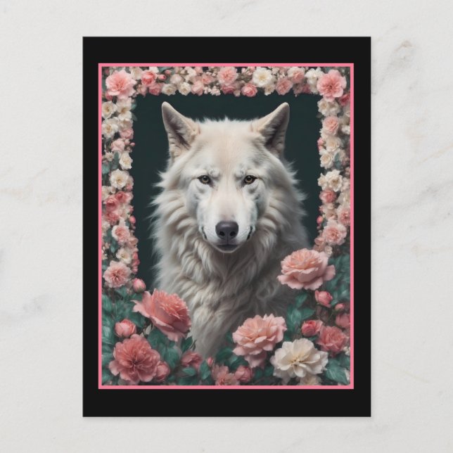 Wolf portrait with flowers postcard (Front)
