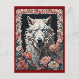 Wolf portrait with flowers postcard