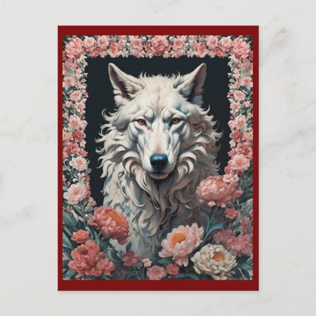 Wolf portrait with flowers postcard (Front)