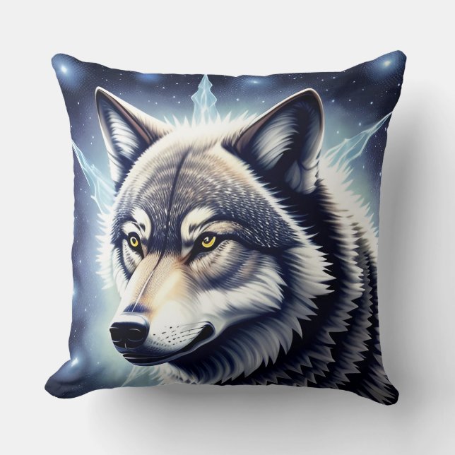 Wolf Portrait with Intense Golden Eyes Cushion (Front)