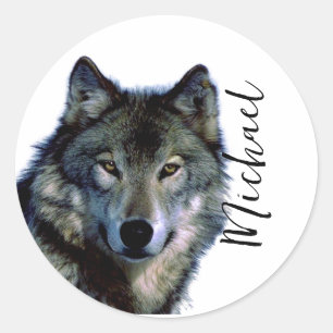 Wolf Portrait Your Name Custom Handwriting Classic Round Sticker