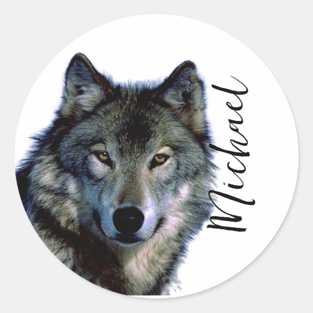 Wolf Portrait Your Name Custom Handwriting Classic Round Sticker (Front)