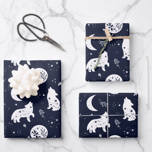 Wolf Pup Howling at the Moon Wrapping Paper Set (Front)