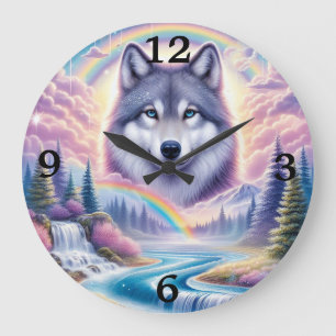 Wolf, Rainbows and Waterfalls Large Clock
