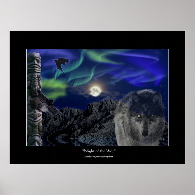 Wolf, Ravens, Totem Pole & Aurora Art Poster (Front)