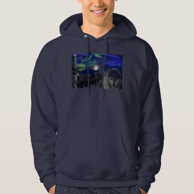 Wolf, Ravens, Totem Pole & Aurora Winter Hoodie (Front)