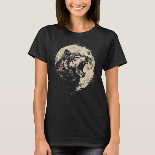 Wolf retro design Moon Grey Howling distressed T-Shirt (Front)