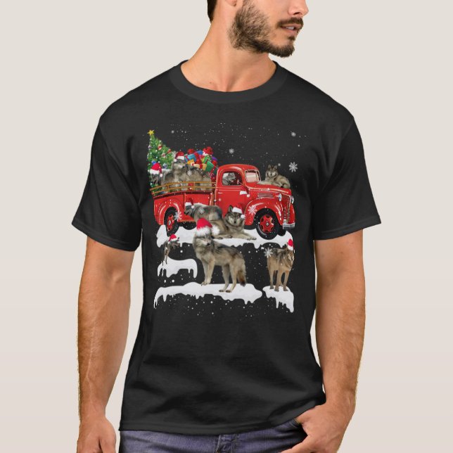 Wolf Riding Red Truck Merry Christmas X mas awesom T-Shirt (Front)