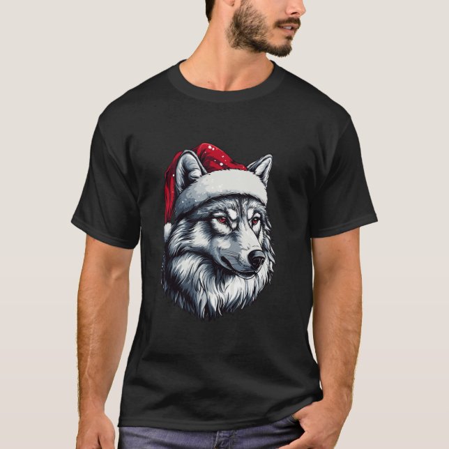 Wolf Santa Hat Funny Xmas Wolf Lovers Christmas Pa T-Shirt (Front)