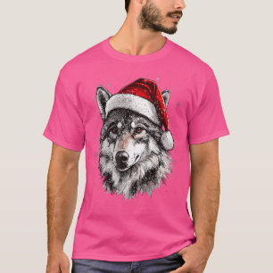 Wolf Santa Hat Funny Xmas Wolf Lovers Christmas T-Shirt