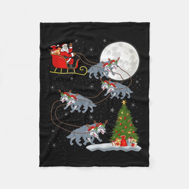 Wolf Santa Sleigh Flying Funny Magical Christmas P Fleece Blanket (Front)