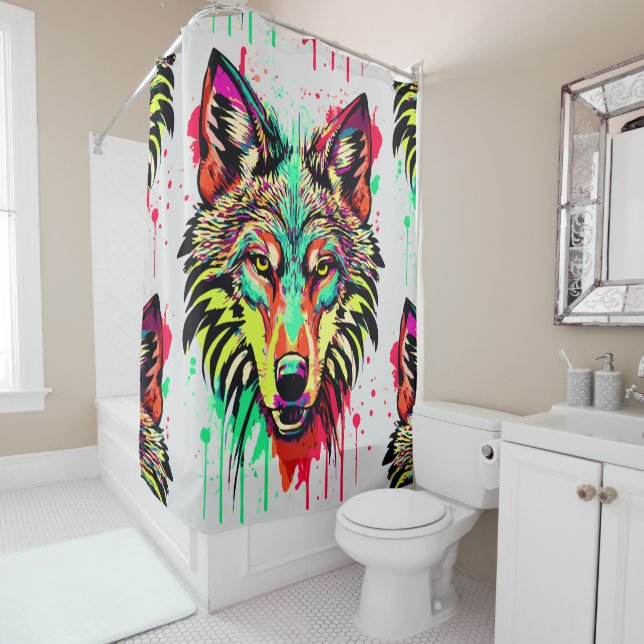 Wolf Shower Curtain | Colourful Wolf Head (In Situ)