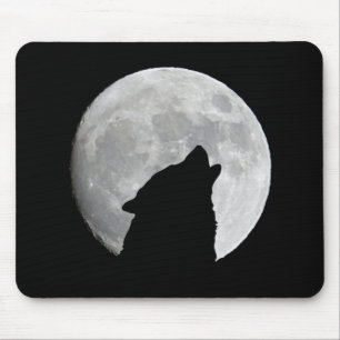 Wolf Silhouette at Dusk Plus Moon Background Mouse Mat