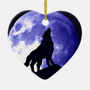 Wolf Silhouette & Full Moon Ceramic Tree Decoration