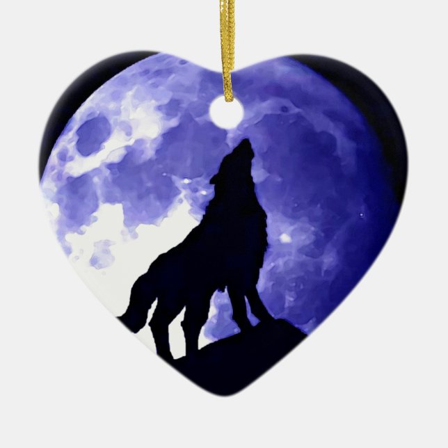Wolf Silhouette & Full Moon Ceramic Tree Decoration (Front)