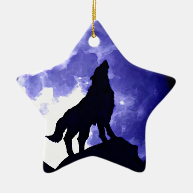 Wolf Silhouette & Full Moon Ceramic Tree Decoration (Front)
