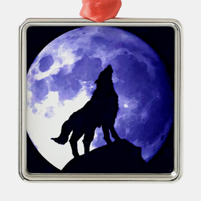Wolf Silhouette & Full Moon Metal Tree Decoration (Front)