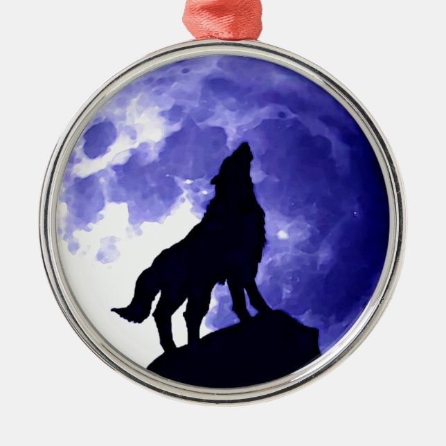 Wolf Silhouette & Full Moon Metal Tree Decoration (Front)