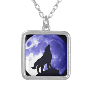 Wolf Silhouette & Full Moon Silver Plated Necklace