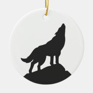 wolf silhouette howling - Choose background colour Ceramic Tree Decoration