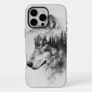 Wolf silhouette merges with mountains iPhone 16 pro max case