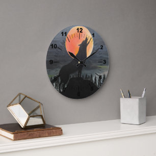 Wolf Silhouette Painting by Alfred Fox Large Clock