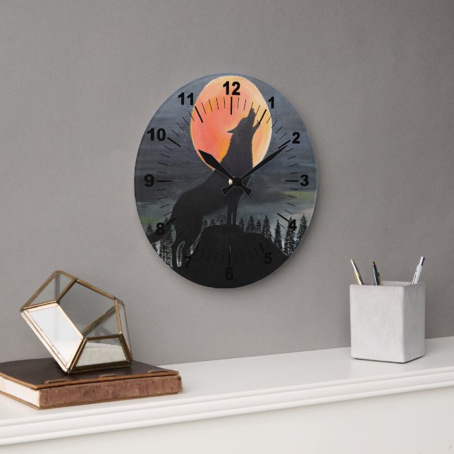 Wolf Silhouette Painting by Alfred Fox Large Clock (Office)