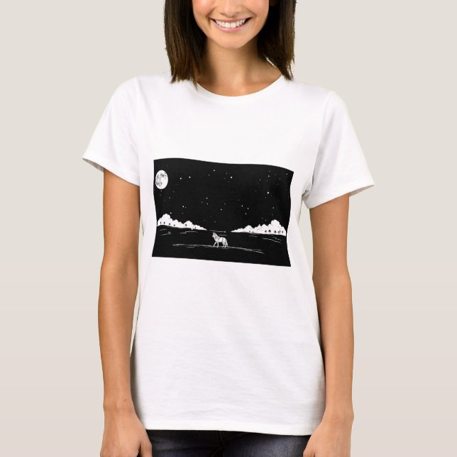 Wolf Silhouette Starry Sky Minimalist Design T-Shirt (Front)