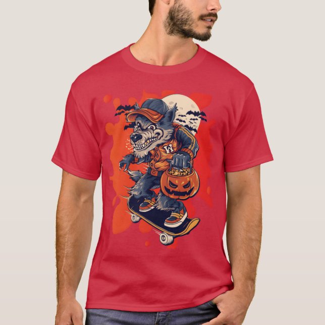 wolf skateboarding in halloween family T-Shirt (Front)