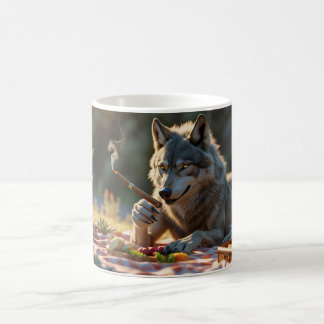 wolf smoking cigar and havinga picnic coffee mug