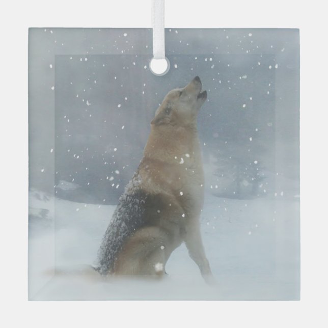 Wolf Snow Holiday Christmas Wildlife Glass Tree Decoration (Front)