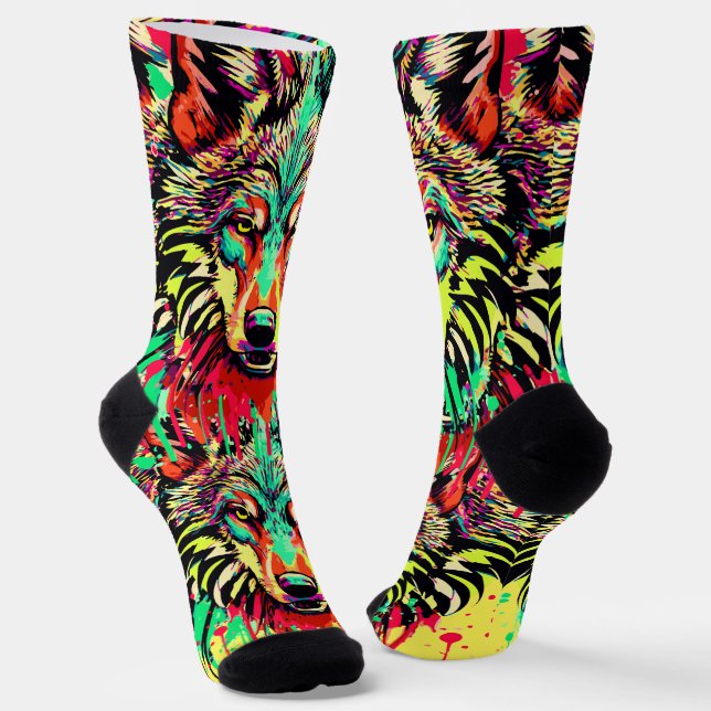 Wolf Socks | Colourful Wolf Head Socks (Angled)