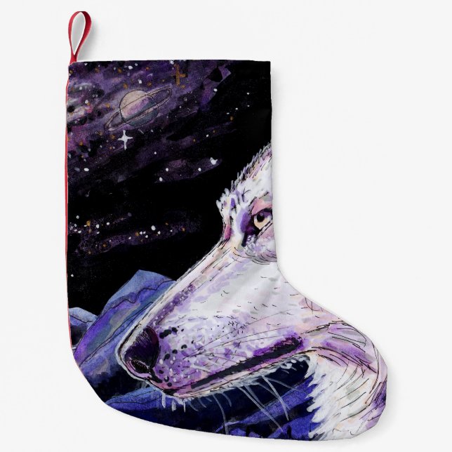 Wolf Space Mountains Forest Painting Small Christmas Stocking (Front)