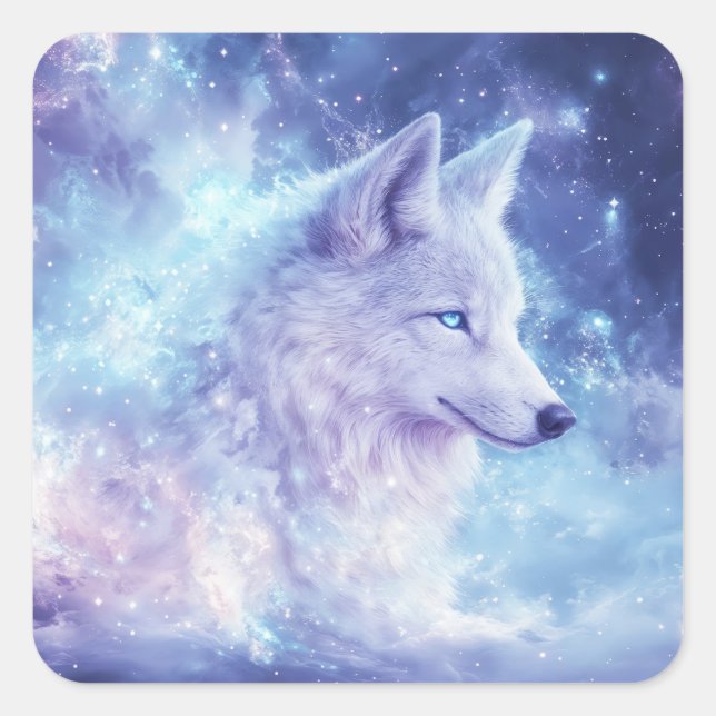 Wolf Spirit in Celestial Purple Galaxy Nebula Square Sticker (Front)