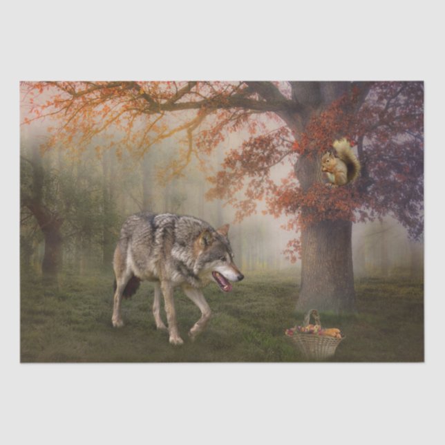 Wolf Squirrel Fantasy Autumn Forest Landscape Tissue Paper (Front)