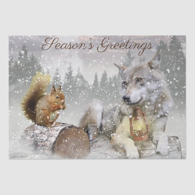 Wolf Squirrel Winter Snow Forest Moon Landscape Tissue Paper (Front)
