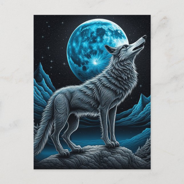 Wolf Standing in Front of the Full Moon | AI art Postcard (Front)