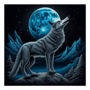 Wolf Standing in Front of the Full Moon   AI art Poster