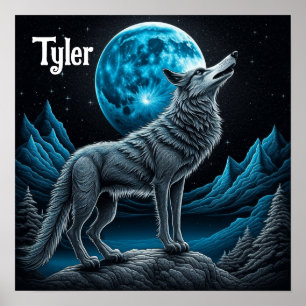 Wolf Standing in Front of the Full Moon   AI art Poster