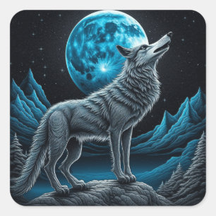 Wolf Standing in Front of the Full Moon   AI art Square Sticker