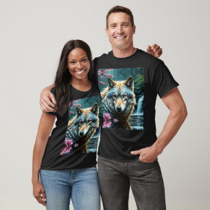 Wolf Standing in river with flowers T-Shirt
