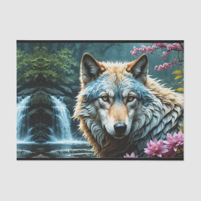 Wolf Standing in river with flowers Tissue Paper (Front)